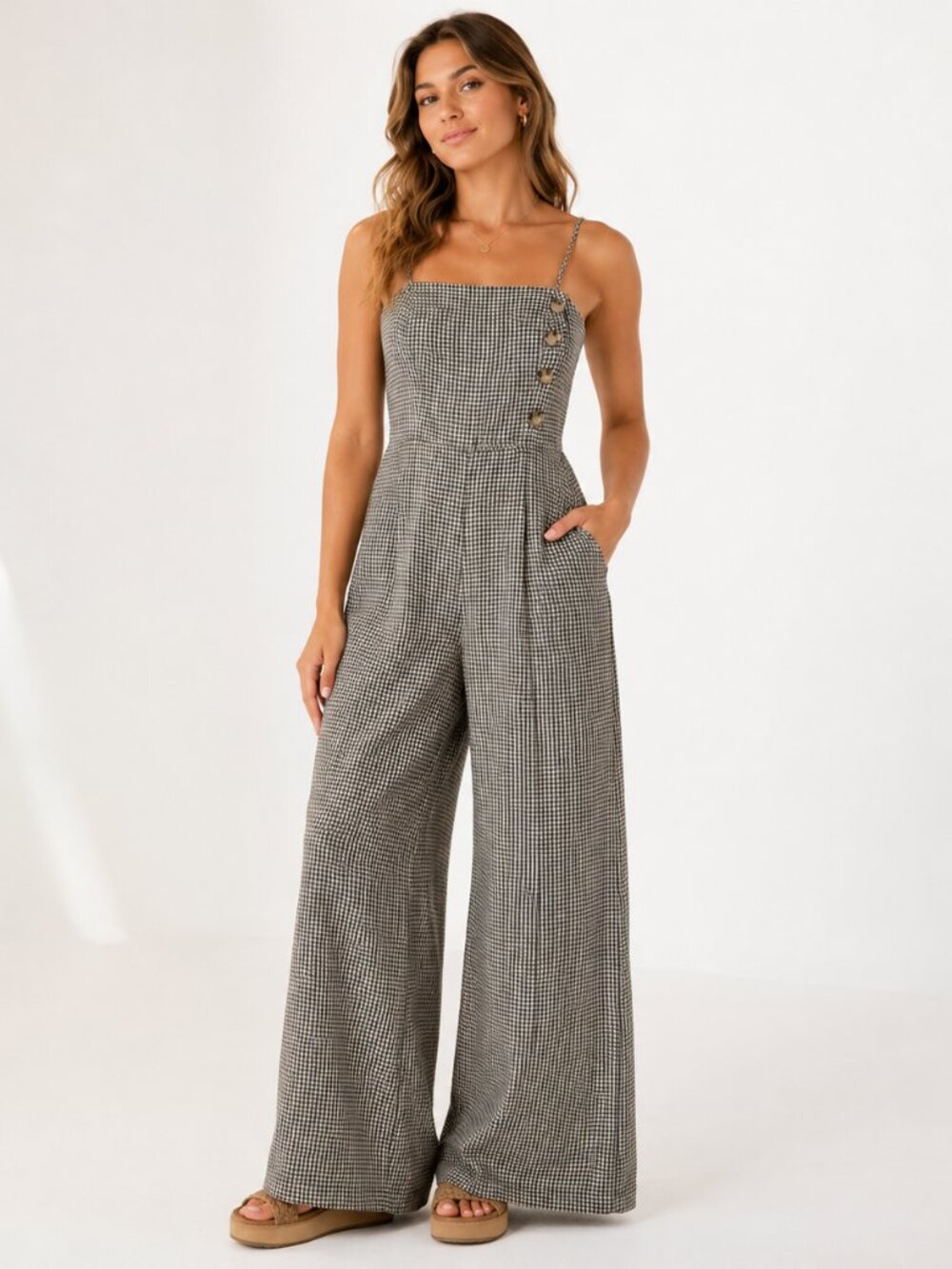 Urban Outfitters Gingham Linen Blend Wide Leg Jumpsuit Size 2 Adjustable Straps